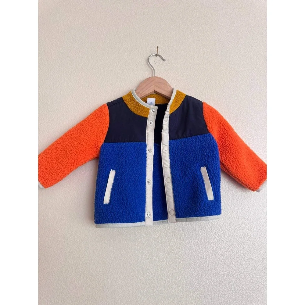 Old Navy Colorblock Sherpa Snap Jacket 6-12M Retro Outdoorsy Streetwear Scandi
